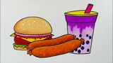 Menggambar dan mewarnai makanan cepat saji || Menggambar sosis || Menggambar burger