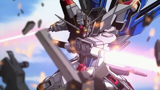 Gundam terbakar ke klip, memegang pedang kebebasan, burung perdamaian membumbung di langit, klip per