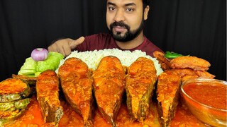 SPICY BIG FISH CURRY, BOAL FISH CURRY, BRINJAL FRY, PAKORA, RICE, SALAD ASMR MUKBANG EATING SHOW ||