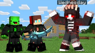 JJ and Mikey OVERPOWERED vs Wednesday.EXE- in Minecraft Maizen JJ & Mikey Nico Cash Smirky Cloudy