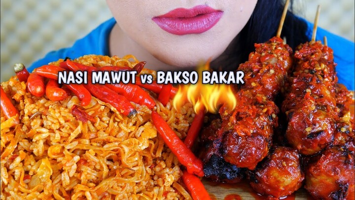 ASMR NASI GORENG MAWUT PEDAS  DAN BAKSO BAKAR PEDAS | EATING SOUNDS