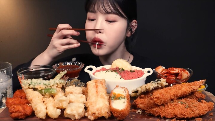 Crispy Cheese Pork Cutlet Fried Chicken, Fried Shrimp, Fried Chilli Pepper Mukbang ASMR