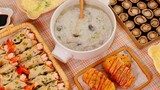 Potato Pie, Shrimp Potsticker, Nori Meat Roll and Porridge