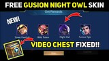 FREE GUSION NIGHT OWL SKIN + VIDEO CHEST FIX + NEW EVENT AND MORE || MOBILE LEGENDS