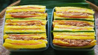 แซนวิชหมูหยองน้ำสลัดโบราณ อร่อยมาก  Thai style sandwiches stuffed with dried shredded pork and ham