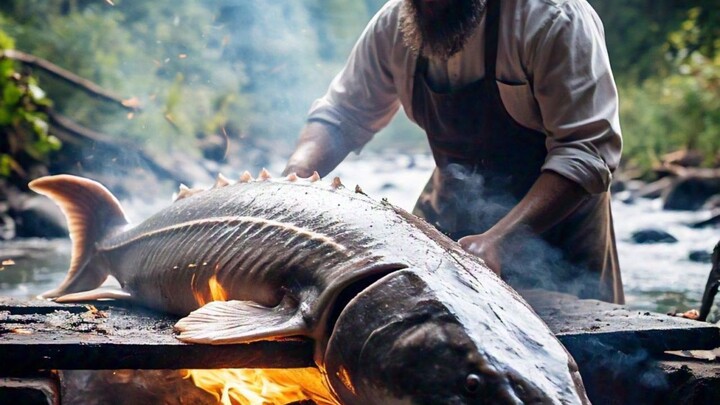 huge sturgeon on the gril with A delicacy inside dive lunch in village- learn from us cooking style