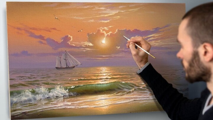 【Lukisan akrilik】 "Ocean Sunset" ——Pelukis Nikita