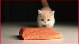 Feeding Kitten With Salmon Fish And Suckling Mouse / Cat Mukbang.