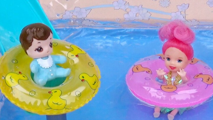 Barbie Theater: Two little babies swim together, sister teaches brother to slide