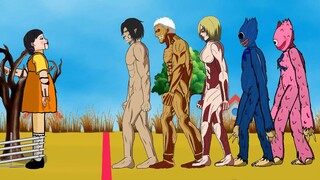 Squid Game VS Eren Titan, Armored Titan, Female Titan, Huggy Wuggy, Kissy Wissy - Drawing Cartoon 2