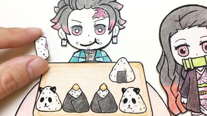 [Hand-drawn stop-motion animation] Onigiri rice balls on paper, Tanjiro bought 7 in one go
