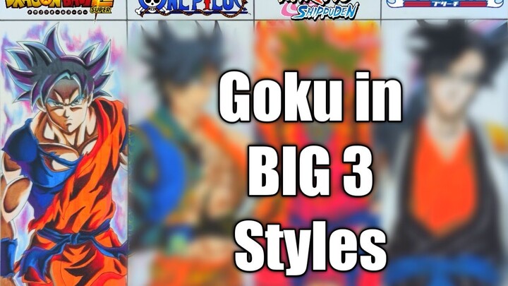 Drawing SON GOKU in BIG 3 Styles | DRAGONBALL X ONEPIECE X NARUTO X BLEACH CROSSOVER