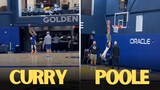 The last two players in the gym taking shots are Jordan Poole and Steph Curry.