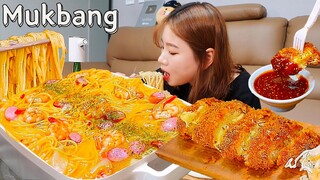 🍝원팬까르보나라+고구마치즈돈까스🍽 팬 하나로 크림파스타 만들어먹기👩🏻‍🍳 NOODLE  CREAM PASTA MUKBANG ASMR EATINGSHOW REALSOUND 요리 먹방