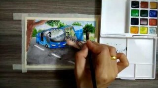 watercolor painting || me and bus