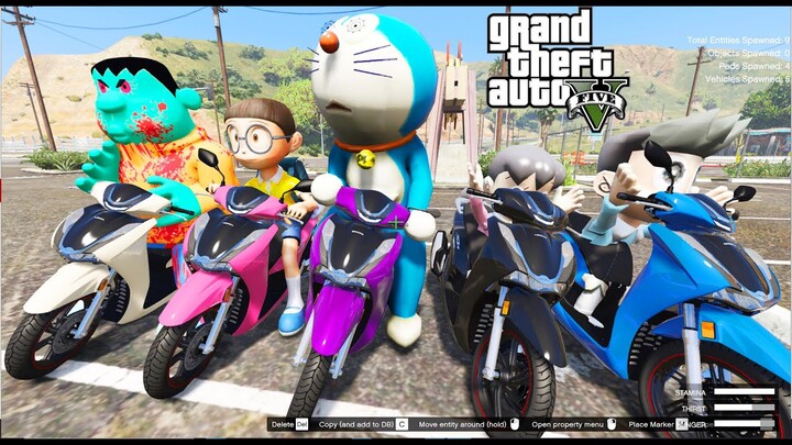 GTA 5 Mod - Biệt Đội Nobita Doremon Xeko Xuka Chạy SH 150i đi Phượt