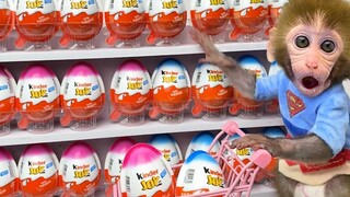 Monkey Baby Bon Bon ช้อปปิ้งที่ Kinder Joy ร้านขายไข่และกินช็อคโกแลตกับลูกสุนัข