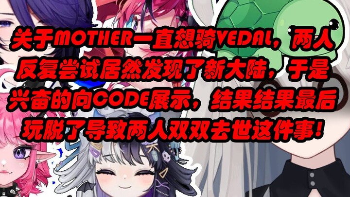 关于mother一直想骑vedal，两人反复尝试后居然发现了新大陆！于是兴奋的向code展示，结果最后玩脱了导致两人双双去世这件事！【标题太长达到字数限制了】