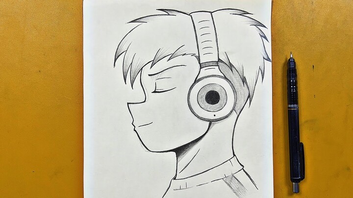 Easy anime sketch || how to draw anime boy wearing headphones step-by-step