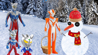幼儿启蒙早教玩具视频：小赛罗奥特曼全家一起打雪仗堆雪人