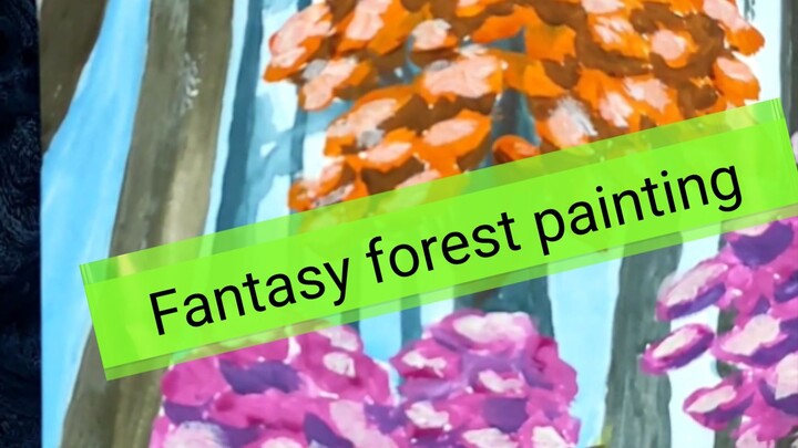 Fantasy wood painting in gouache. Bright trees