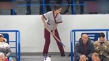 The female cleaner at an ice hockey match