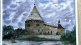 The oldest town of Russia, Staraya Ladoga. The fortress. Watercolor