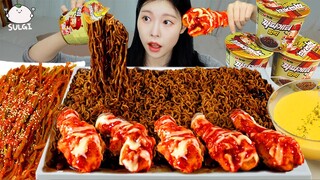 ASMR MUKBANG| 직접 만든 짜파게티 양념치킨 고구마순 김치 먹방 & 레시피 FRIED CHICKEN AND BLACK BEAN NOODLES EATING