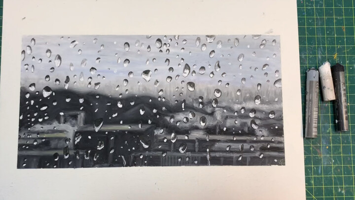 【油画棒】雨一直在下。主要用黑白灰三色画的雨天教程！！！