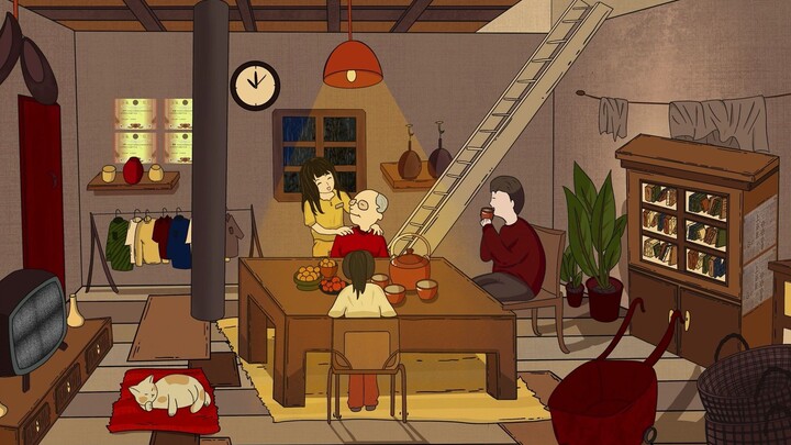 [Chatting and drinking tea in grandpa's wooden house on a rainy day] Clock sound/rain sound/thunder 