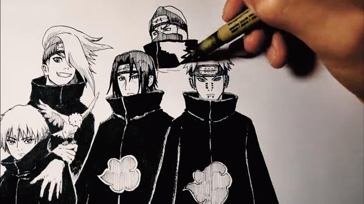 A hand-sketched drawing of Akatsuki in the anime "Naruto"