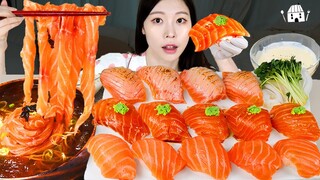 ASMR MUKBANG| 직접 만든 대왕 연어 초밥 연어국수 통연어 먹방 & 레시피 RAW SALMON NOODLES EATING