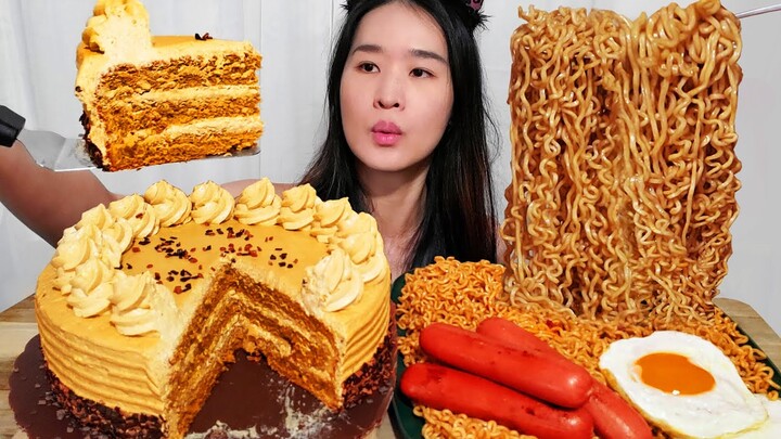 FILIPINO CAKE MUKBANG! Red Ribbon Classic Mocha Cake & Lucky Me Pancit Canton Noodles - Eating ASMR