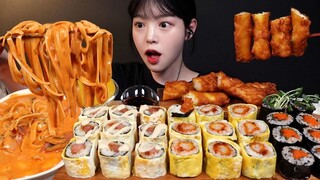 SUB)매운 까르보나라 파스타 떡볶이에 스팸계란말이 김밥 먹방! 스쿨푸드 분식 꿀조합 리얼사운드 Carbonara tteokbokki Mukbang Asmr