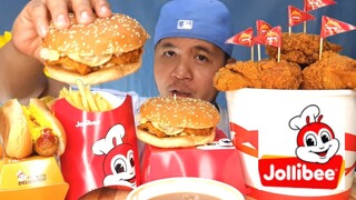 MUKBANG JOLLIBEE FEAST ( SPICY CRISPY CHICKEN JOY BUCKET, CHICKEN BURGER JOLLY HOTDOG FRENCH FRIES )