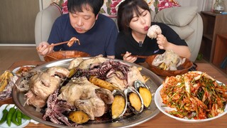 시어머님표 가마솥에 푹 고아 만든 삼계탕! 전복, 문어 넣고 확실하게 몸보신했어요😋 (Ft.겉절이) | 디저트는 🍉수박 먹방 | Samgyetang MUKBANG