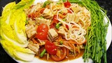 ตำซั่วหมูยอ แซ่บๆ ปลาร้าต้มเอง | Papaya salad with rice noodles and vietnamese sausage ( Somtam )