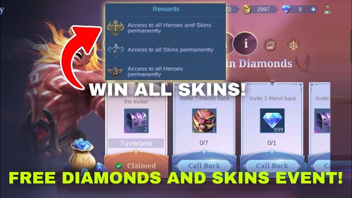 INVITE FRIENDS BACK WIN DIAMONDS AND SKIN! FREE ALL HEROES AND SKINS EVENT MLBB!
