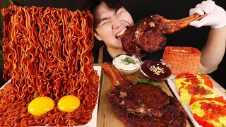 ASMR MUKBANG 짜파게티 & 치즈 통스팸 & 스테이크 BLACK BEAN NOODLES & STEAK & CHEESE SPAM EATING SOUND!