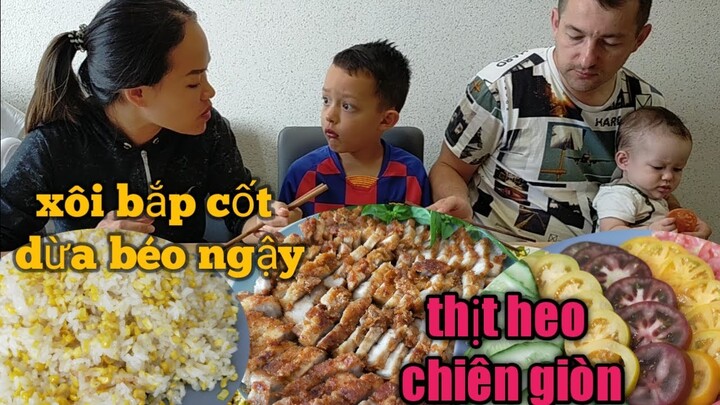 Món ngon Việt Nam Xôi bắp cốt dừa 💥 thịt heo chiên giòn ngon quá xá