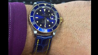 Custom Handmade Genuine Blue Alligator Watch Strap for a two-tone Rolex Submarin