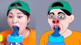 Màu lớn Chai kẹo thạch Mukbang DONA, Thực VS Món tráng miệng thạch sô cô la Thách đấu DONA