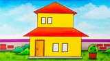 Menggambar rumah tingkat || Cara mewarnai gradasi rumah