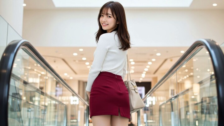 Rear View Woman - Graceful Tokyo Lady in a Mini Skirt on the Escalator