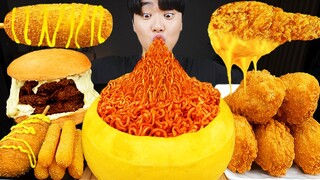 ASMR MUKBANG 직접 만든 치즈 햄버거 치즈스틱 불닭볶음면 핫도그 먹방 & 레시피 FIRE NOODLES AND BURGER EATING SOUND!