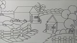 Menggambar pemandangan rumah pedesaan || Cara menggambar rumah dan pekarangan || Belajar menggambar