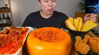 Mukbang bánh mì bơ với mì cay Hàn Quốc p3 #anngon