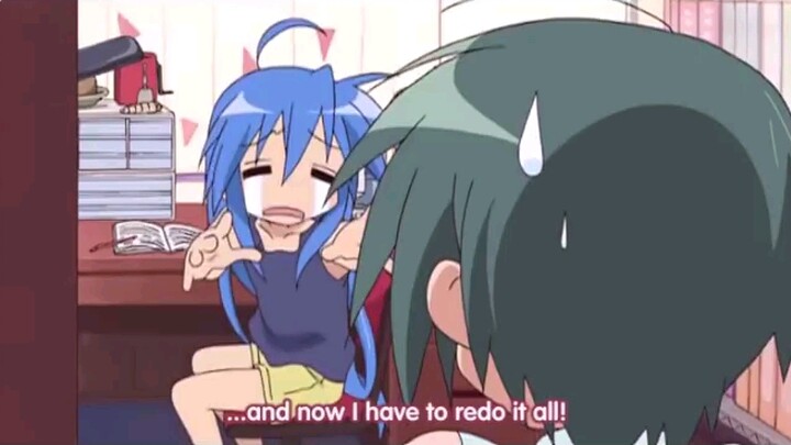 Izumi Konata is trying to kill her homework