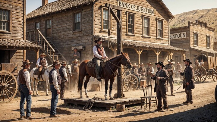 The bandit plans to execute a calm cowboy, unaware he's the town's most feared gunslinger