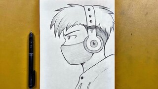 Easy anime sketch | how to draw a cool boy wearing headphones step-by-step